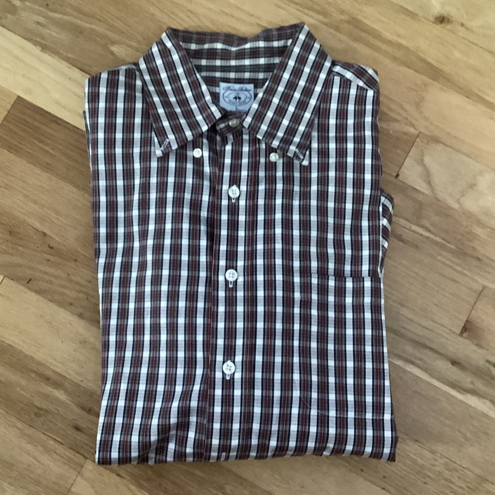 Brooks Brothers Brown and White Plaid Button-Down Shirt.  Large